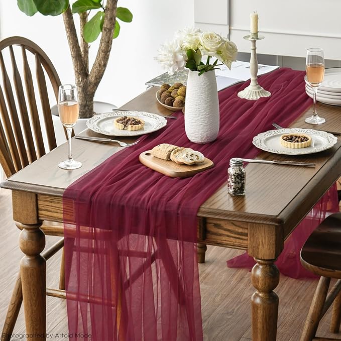 Artoid Mode 3PCS Burgundy Gauze Table Runner 120 Inch 10FT, Seasonal Sheer Kitchen Dining Holiday Wedding Birthday Baby Shower Table Decor for Home Party