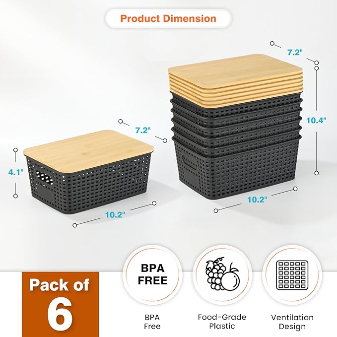 Ohmlove Plastic Storage Baskets With Bamboo Lid - Plastic Storage Containers Stackable Storage bins: Storage Baskets for Organizing Shelves Drawers Desktop Closet Playroom Classroom Office, 6 Pack