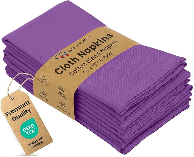 Ruvanti Cloth Napkins Set of 6, 18x18 Inches Napkins Cloth Washable, Soft, Durable, Absorbent, Cotton Blend. Table Dinner Napkins Cloth for Hotel, Lunch, Restaurant, Wedding Parties - Purple