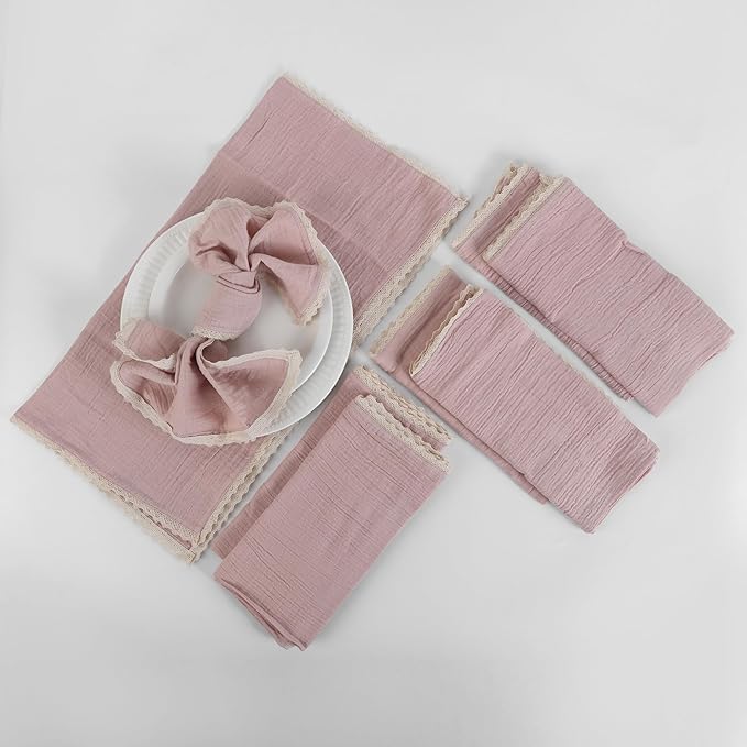 FINGERCRAFT Dinner Cloth Napkin Cotton Muslin Double Gauze 12 Pack with Classic Lace for Everyday Use, Wedding, Party, Christmas, Easter Napkins Cloth are Pre Shrunk and Good Absorbency Peach Wipe