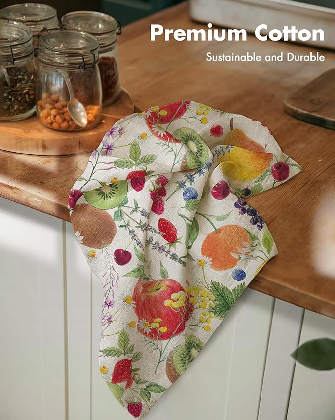 Miss Adola Flour Sack Kitchen Towels - Set of 2 Cotton Dish Towels with Hanging Loop Decorative 18x26 Inch Absorbent Cute Design for Housewarming Gifts, Fruits