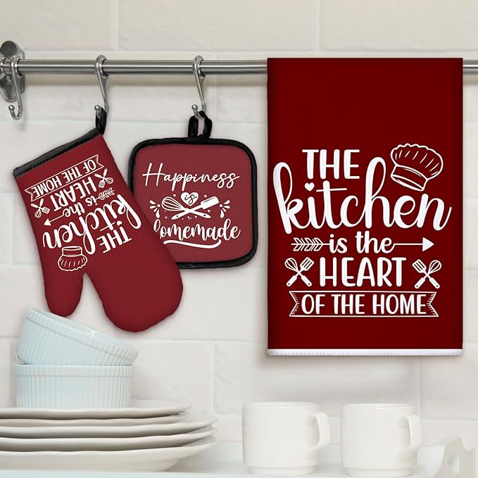 Sratte 6 Pcs Kitchen Decor Accessories Set Farmhouse Towels Pot Holders Oven Mitts Set 2 Dish Towels 2 Potholders 2 Cooking Mittens Oven Glove for Christmas Baking Cooking(Wine Red,Kitchen)