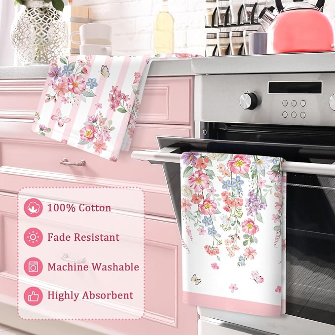Pink Floral Tea Towels 100% Cotton Quick Dry Wildflower Kitchen Towels, 18.9 x 27.5'' Absorbent Dish Cloth for Kitchen Home Decor, Housewarming, Birthday Gifts for Mom, Set of 4