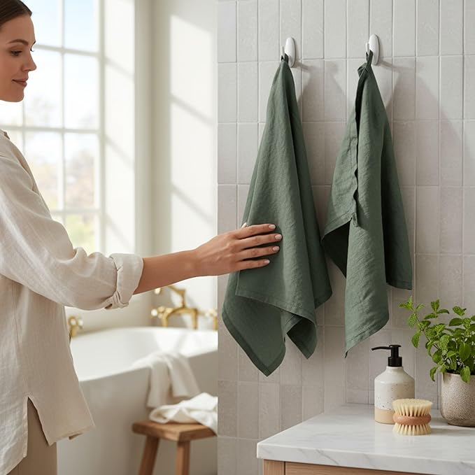 Linen Kitchen Dish Towels – 20” x 27” – 100% Pure Stonewashed Linen Hemstitch Hand Towel/Tea Towel - Set of 2 (Rustic Green)