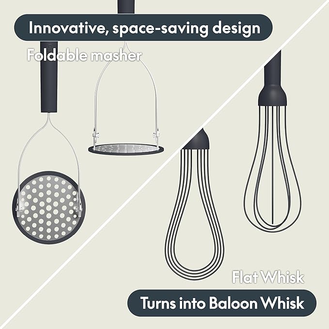 bella 2 Piece Compact Masher and Whisk Set, Fold Flat, Stainless steel and silicone, Foldable Masher, Ballon Whisk, Flat Whisk, Non-stick, Nonslip, Heat safe to 425°F, Slate