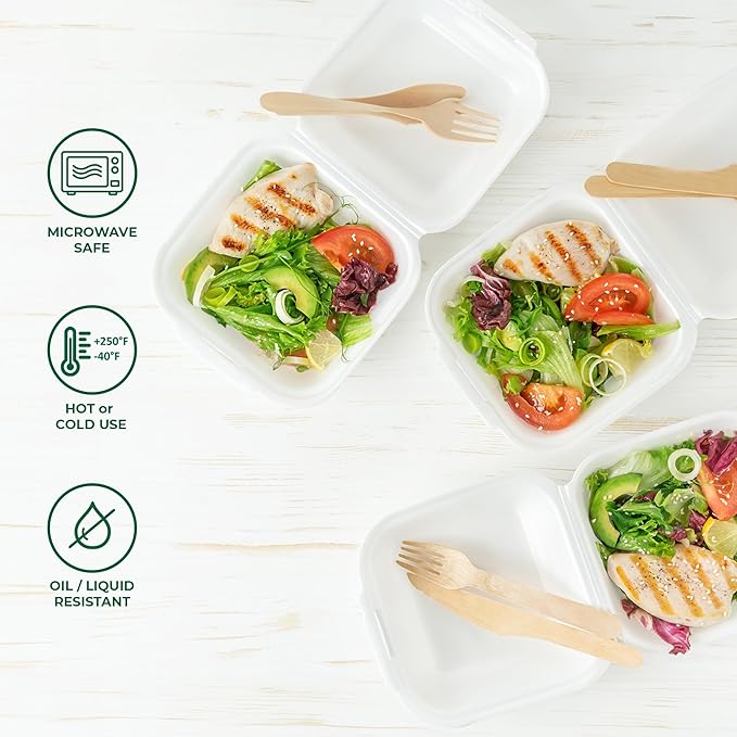 Freshware Clamshell Food Containers with Lids [6x6" 100-Pack] Disposable To Go Containers, Biodegradable Sugarcane To Go Boxes - Paper Container - Microwave & Freezer Safe, Stackable