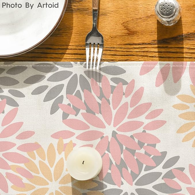Artoid Mode Pink Dahlia Floral Pinnata Summer Table Runner, Spring Kitchen Dining Table Decoration for Home Party Decor 13x72 Inch
