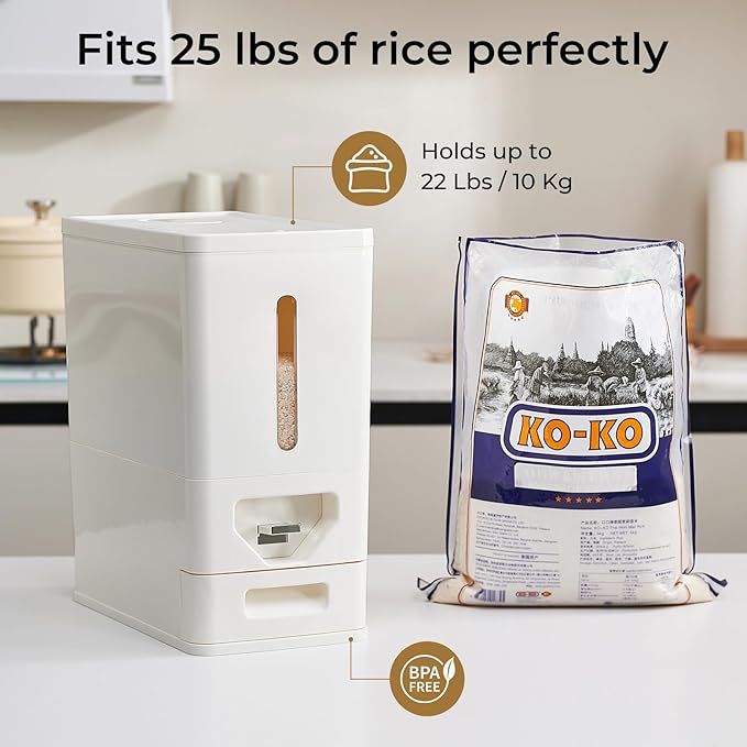 Rice Dispenser 22 Lbs (10kg), Dry Food Storage Container Sealed Moisture-Proof with Built-in Drawer for Kitchen Pantry Household, BPA-Free