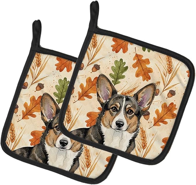 Caroline's Treasures Brindle Cardigan Welsh Corgi Heirloom Fall Pair of Pot Holders Pair 7.5x7.5 Quilted Insulated Hot Pads Decorative Kitchen Gift Made in USA