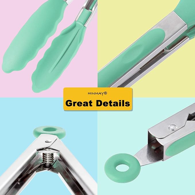 HINMAY Stainless Steel Kitchen Cooking Tongs with Silicone Tips 9-Inch Serving Tongs, Set of 3 (Mint Pink Yellow)