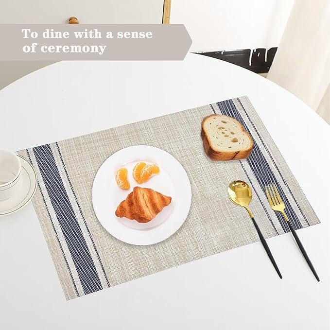 Khaki Blue Placemats Set of 2 - Heat Resistant Non-Slip Place mats for Dining Table, Washable Durable PVC Vinyl Woven Table Mats (Khaki Blue, 2)