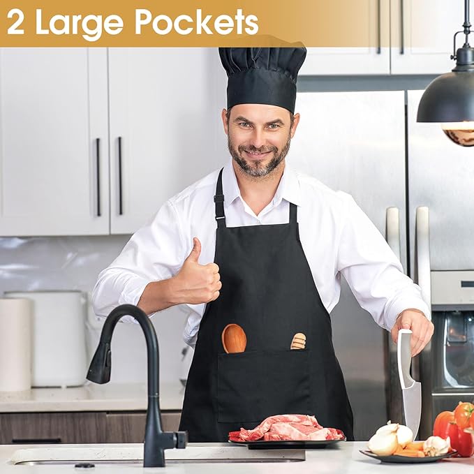 3 Pack Black Aprons for Women with Pockets, Adjustable Water Resistant Cooking Apron Unisex Bib for Chef Men and Women