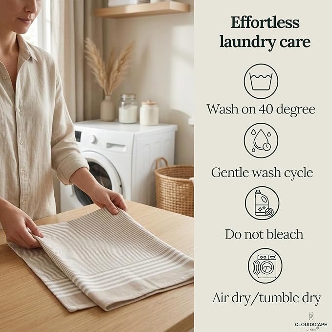 Cloud Scape Linen Premium Cotton Kitchen Towels Set - 6 Pack : Quick-Drying, Highly Absorbent, Durable, 18”x28”, Stripe Hand Towels with Hanging Loop, Dish Towel for Cleaning & Drying Dishes- Beige