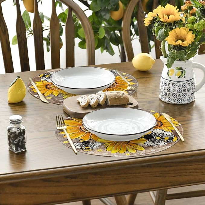 Artoid Mode Wood Sunflower Bee Flower Polka Dot Round Summer Placemats Set of 4, 14 Inch Farmhouse Fall Round Table Mats for Dining Decoration