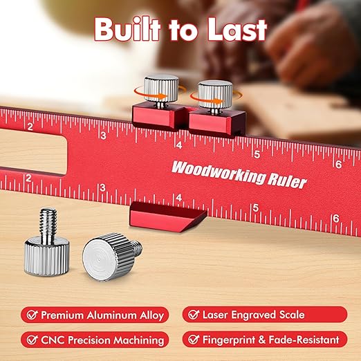 3PCS Woodworking Ruler Set, Precision Pocket Ruler with Adjustable Slide Stop, Aluminum Alloy Measuring Tool for Marking & Scribing, Metal T-Track Square Rulers, Inch and Metric (6", 8", 12")