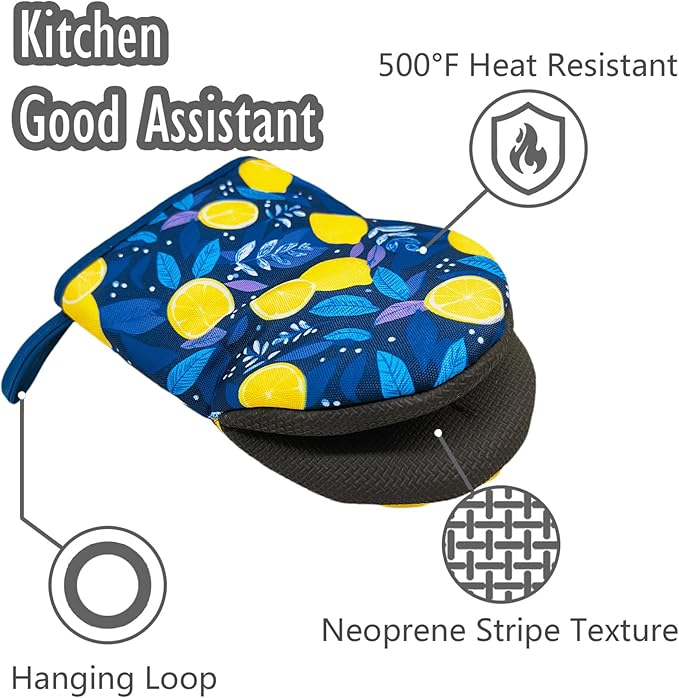 Lemon Oven Mitts, High Heat Resistant Kitchen Oven Gloves, Mini Silicone Oven Mitts, Non-Slip Grip Surfaces and Hanging Loop for Grilling, Baking, Cooking and Microwave, Gift