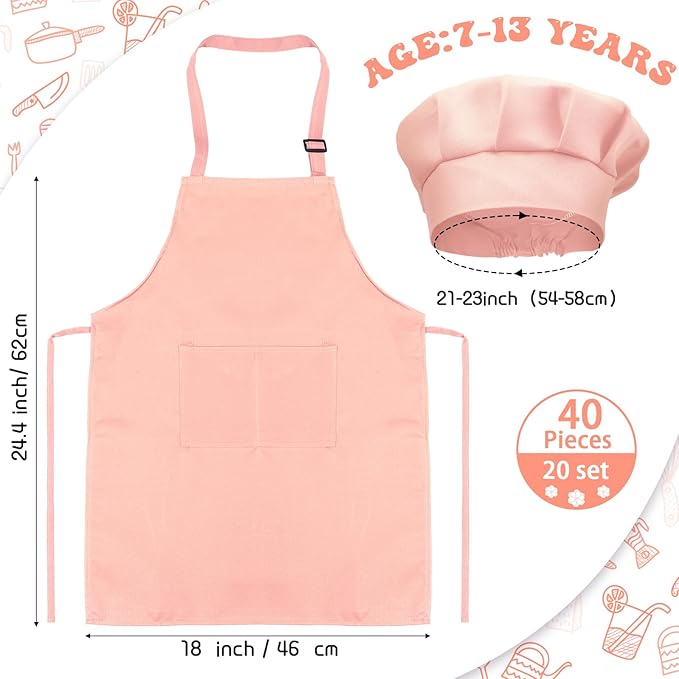 Handepo 40 Pcs Apron Chef Hat Set Aprons Chef 's Bib Apron Hats Bulk for Cooking Painting 7-13 Years