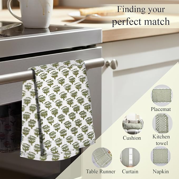 CPC Emerald Green Hand Block Printed Cotton Waffle Dish Cloth Set of 6-12x12 Inch Super Absorbent, Soft, Reusable Kitchen Towels for Dish Drying & Cleaning Ideal for Spring, Mother's Day