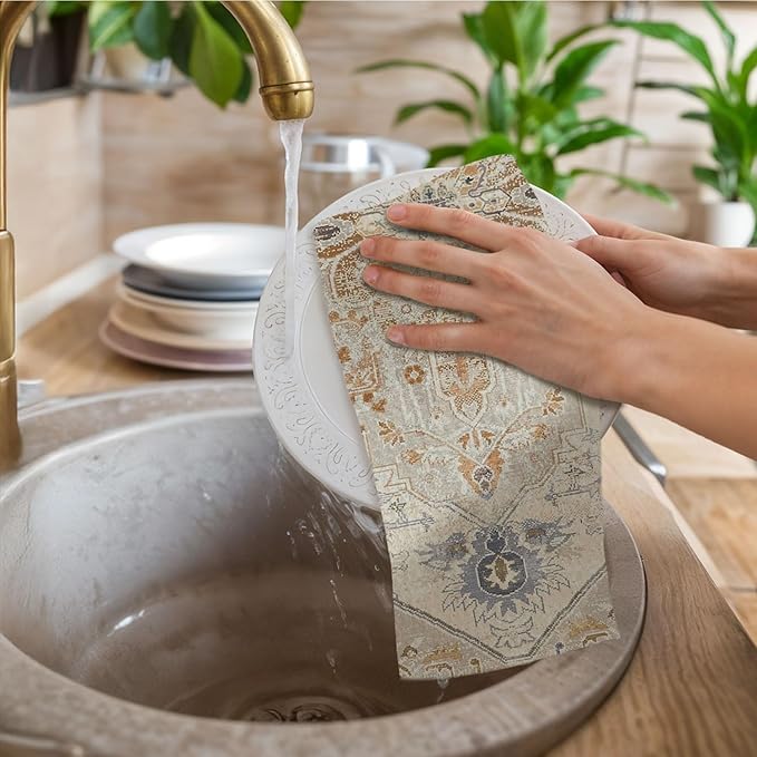 Vintage Oriental Floral Kitchen Towels, Boho Dish Towels Drying Cloth for Kitchen, Antique Boho Abstract Flower Decorative Hand Towel for Bathroom, 16x24 Inch Set of 2