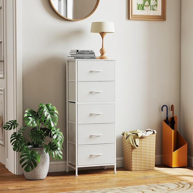 Sweetcrispy 5 Drawer Dresser with Fabric Bins, Sturdy Steel Frame and Wood Top, Storage Organizer Chest for Bedroom, Closet, Hallway, White