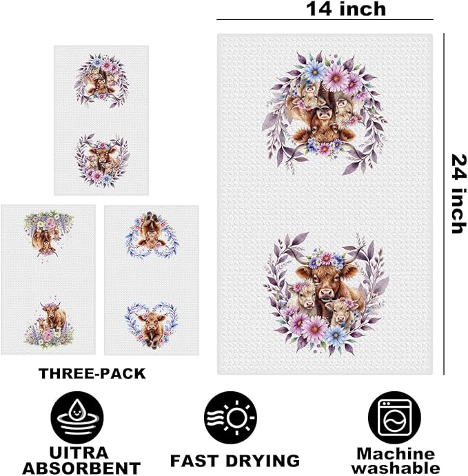 3 Pcs Cow Kitchen Towels, Colorful Flower Soft Absorbent Hand Tea Towel, Microfiber Dish Cloths for Drying Dishes, Waffle Dish Towels for Kitchen Farmhouse Decor, Cow Gifts for Women Mom