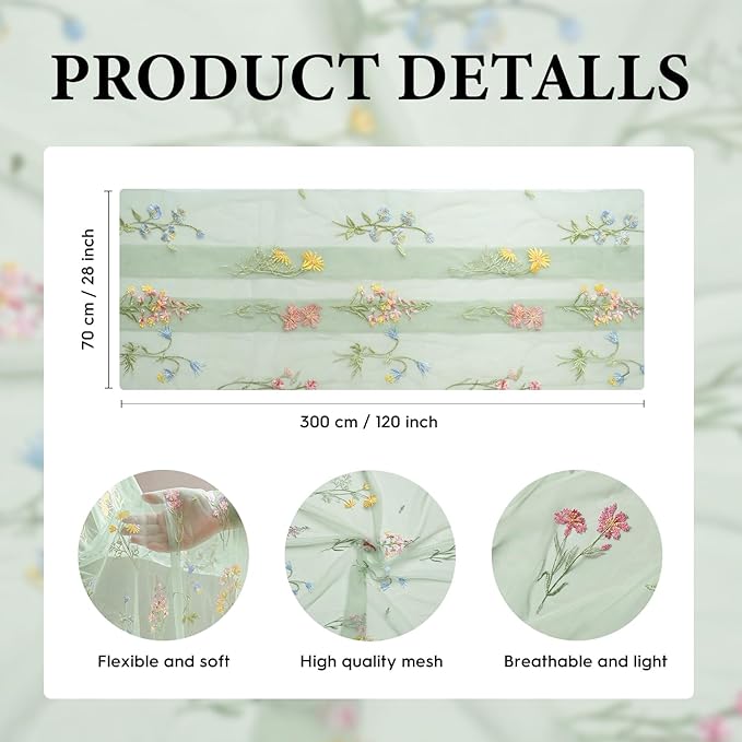 Artoid Mode Wildflower Floral Sage Green Gauze Embroidery Table Runner 120 Inch 10FT, Tulle Seasonal Spring Kitchen Dining Table Decor for Home Party
