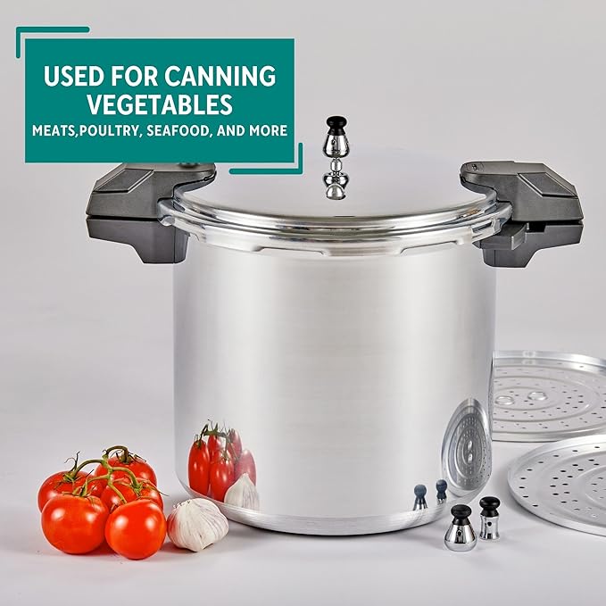 MIRRO 22qt Aluminum Pressure Canner with 3 Regulators & double Cooking Racks, 5/10/15 PSI