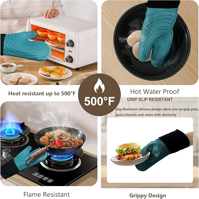 Silicone Oven Mitts-13.6 in Extended Oven Mitts Heat Resistant 500F, Oven Gloves with Soft Liner Good Grippy BPA-Free Easy to Clean Flexible-Oven Mits Set for Cooking Baking Grilling BBQ