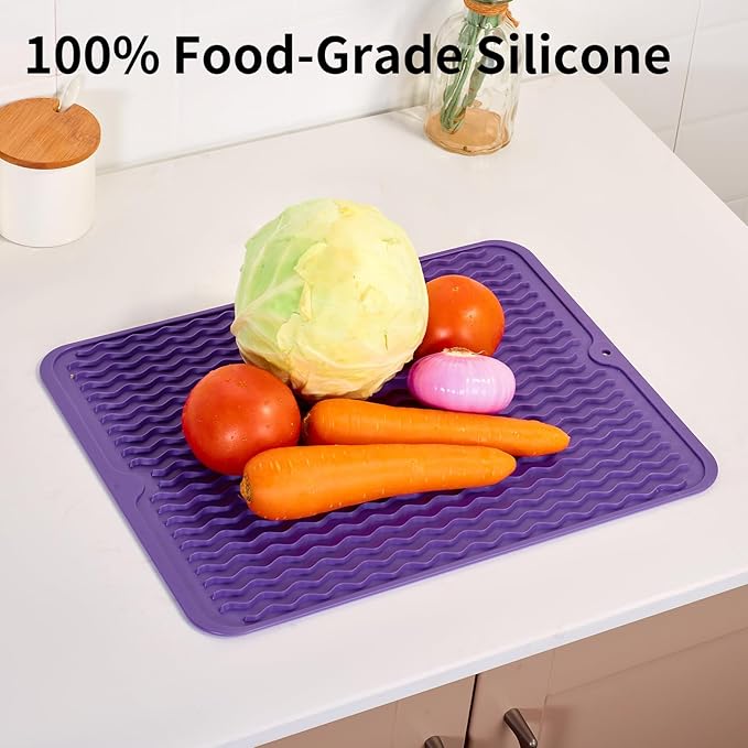 ZLR Silicone Dish Drying Mat & Heat Resistant Trivet (12" x 16") - Waterproof Counter Protector for Air Fryer, Coffee Maker - Non-Slip, BPA Free Kitchen Pad, Easy Clean Dishwasher Safe (Meadow Violet)