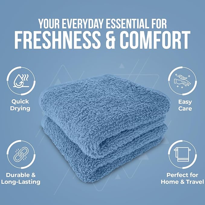 DAN RIVER 12 Pack Wash Cloths for Showering [12x12] - 100% Cotton Washcloths Premium Quality Flannel Face Cloths for Bathroom, Highly Absorbent and Soft Feel Wash Clothes, M Blue
