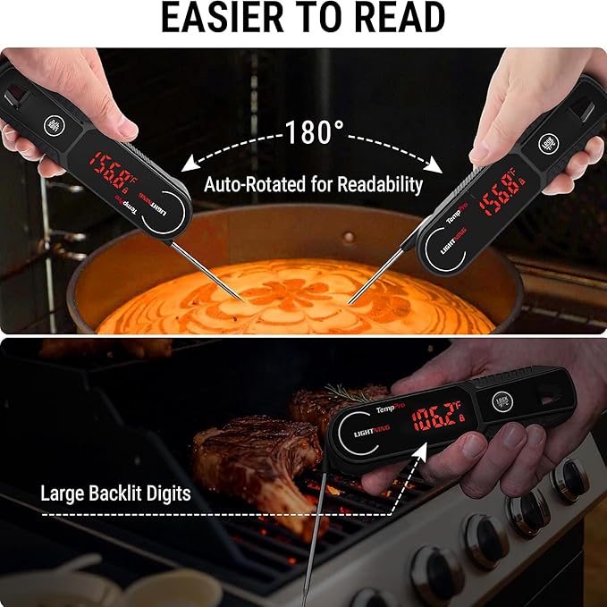 TempPro Lightning 0.5 Sec Instant Read Meat Thermometer, Kitchen Food Thermometer with 180° Rotating Display, IP67 Waterproof Cooking Thermometer for Deep Fry Smoker BBQ Grill (Previously ThermoPro)