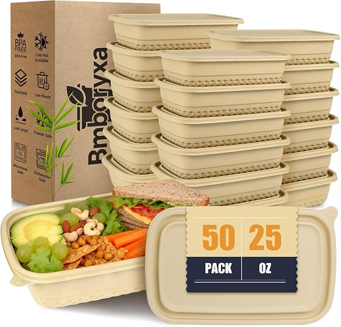 50Pack Meal Prep Containers Reusable with Lids, 25oz Bamboo-Powder Food Containers for Lunch Portion Control To Go Takeout Party Supplies, Safe for Microwave Freezer Dishwasher