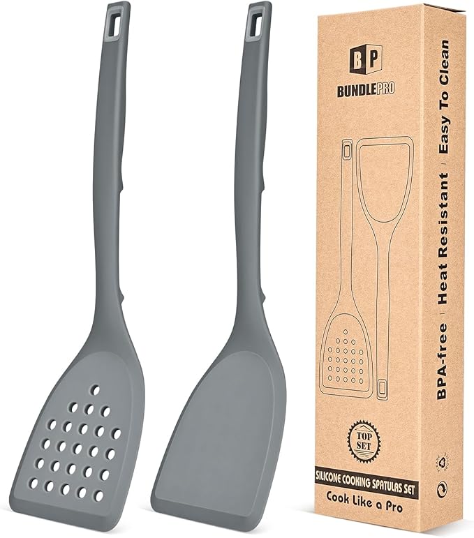 Pack of 2 Silicone Spatula Turner, Non Stick Kitchen Spatulas Set with Back Hooks, Heat Resistant BPA Free Kitchen Utensils, Suitable for Flipping Fish, Eggs, Steak, Pancakes(GRAY)