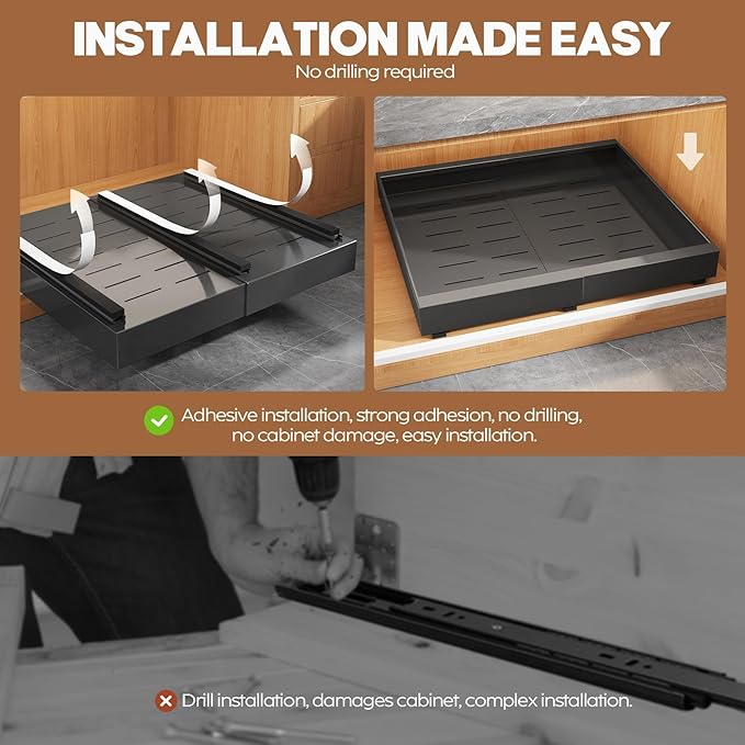 Seinloes 2 Pack Expandable (15.1"-26.3") Pull Out Cabinet Organizer 21" Deep With Raising Pad for Framed Cabinets,Upgrade 3 Slide Rails Slide Out Drawers,No Drill Roll Out Shelves Adhesive,Black