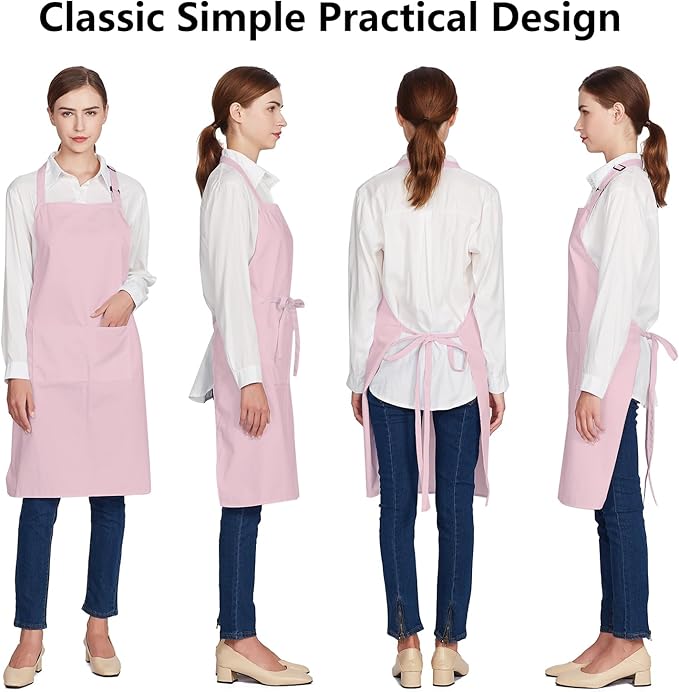 Jubatus 12 Pack 100% Cotton Aprons Bulk with 2 Pockets Cooking Chef Kitchen Adjustable Bib Apron for Women Men, Pink