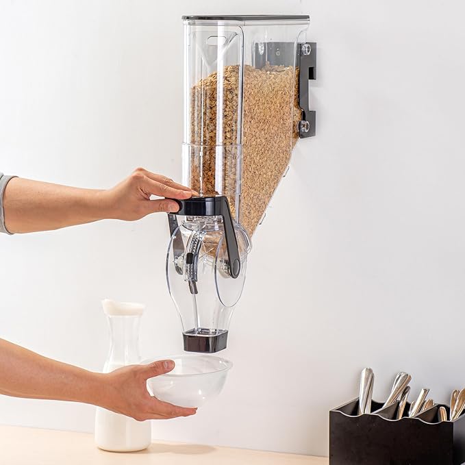 Restaurantware Cereal Dispenser 2 gal Plastic Wall-Mounted Gravity Bin Candy Dispenser Self-Serve Black Dry Food with Wall Mount Brackets for Breakfast Buffet or Hotel Use
