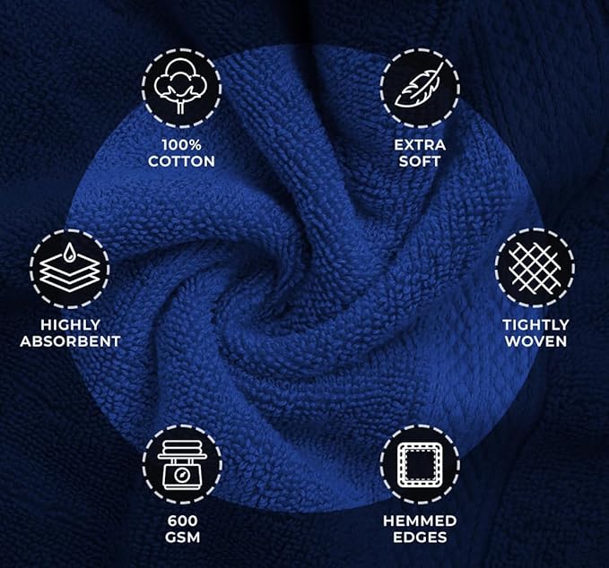 Avalon Towels Luxury Hand Towels Size 16x28 Inches Pack of 6 - Premium Cotton, Soft and Highly Absorbent Hand Towels for Bathroom, 600 GSM Face Towels, Hotel & Spa Quality, Quick Dry (Royal Blue)