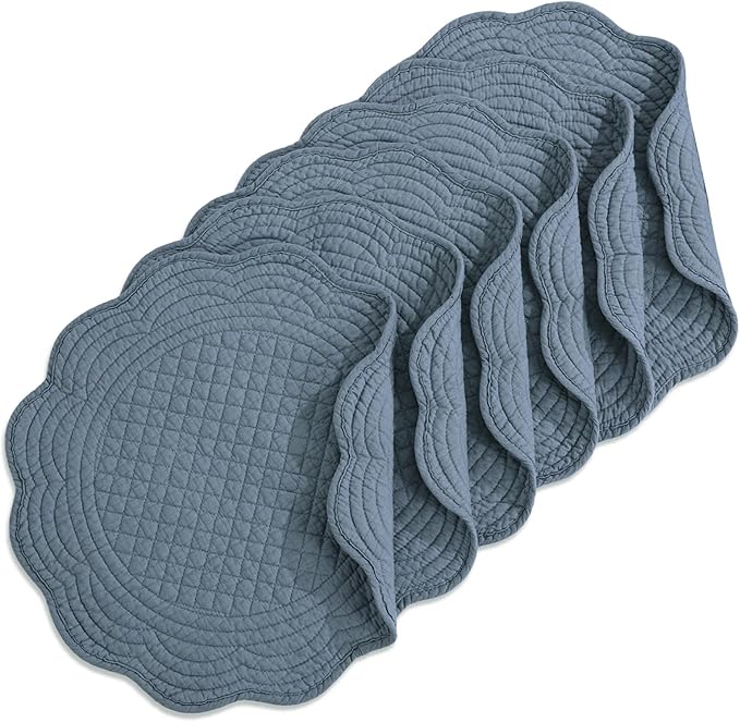 HOMBYS Quilted Placemats Set of 6 Washable Round Placemats for Kitchen Table-100% Cotton Fabric 14 Inch Round Table Mats, Cotton Fabric with Microfiber Filling, (14"x14", Blue)
