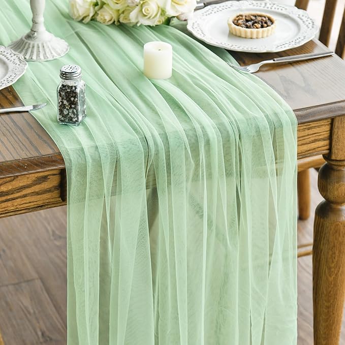 Artoid Mode Light Green Gauze Table Runner 120 Inch 10FT, Seasonal Sheer Kitchen Dining Holiday Wedding Birthday Baby Shower Table Decor for Home Party