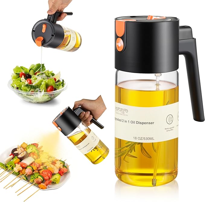 Glass 2 In 1 Olive Oil Dispenser Bottle for Kitchen Gadgets, Olive Oil Sprayer for Cooking 17.2oz/511ml (Transparent)