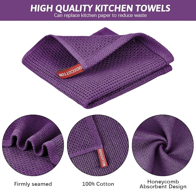 Nialnant 100% Cotton Dish Cloths for Washing Dishes, 4 Pack Waffle Weave Dish Towels,Super Soft Absorbent Cleaning Rags-Purple,12x12 Inch