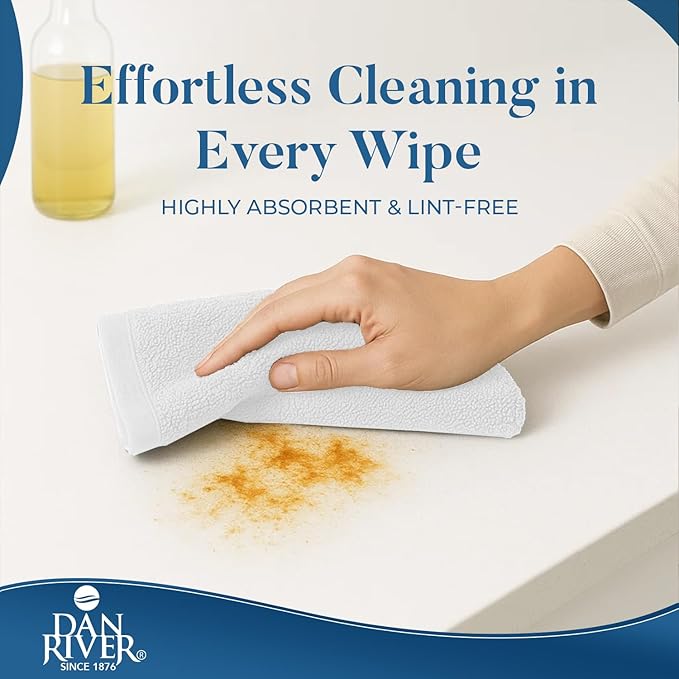 DAN RIVER Kitchen Bar Mops,Pack of 12,16 by 19 Inches,100% Cotton Super Absorbent,Multi-Purpose Cleaning Towels for Home and Kitchen Bars-White