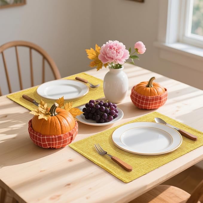 Homaxy Cloths Placemats for Dining Table Set of 8, Heat Resistant Washable Cotton Linen Blend Table Mats, Place Mats for Indoor Outdoor Party Kitchen Decoration, 13" x 19", Mustard Yellow
