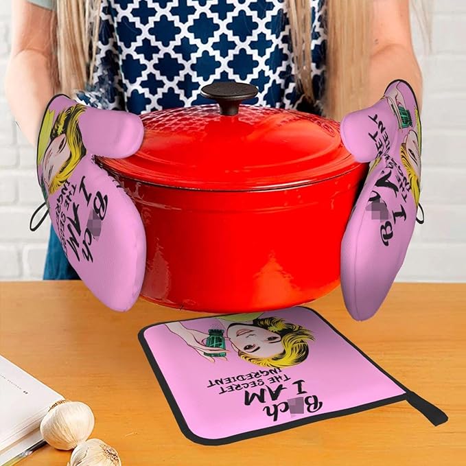 Cute Pink Oven Mitts and Pot Holders Set of 3, Heat Resistant Non-Slip Funny Hot Pad and Kitchen Gloves, Spring Funny Gifts for Cooking Lovers Women, Fun Kitchen Decor for Baking Cooking Grilling