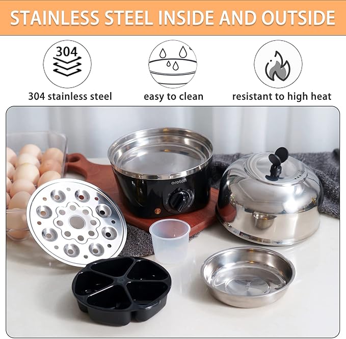 Oroton 304 stainless steel inside and outside Rapid Egg Cooker, 9 Egg Capacity Electric Egg Cooker for Hard Boiler Eggs,Poacher Eggs,Scrambled Eggs,Hard Boiled Auto Shut-Off,30 Minutes Timer Settings