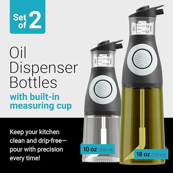 Oil and Vinegar Dispenser Set - Glass Olive Oil Cruet Bottles with Measuring Cup - Non-Drip Kitchen Dispenser for Cooking, Salad Dressing, and Meal Prep - 2 Dishwasher-Safe Containers