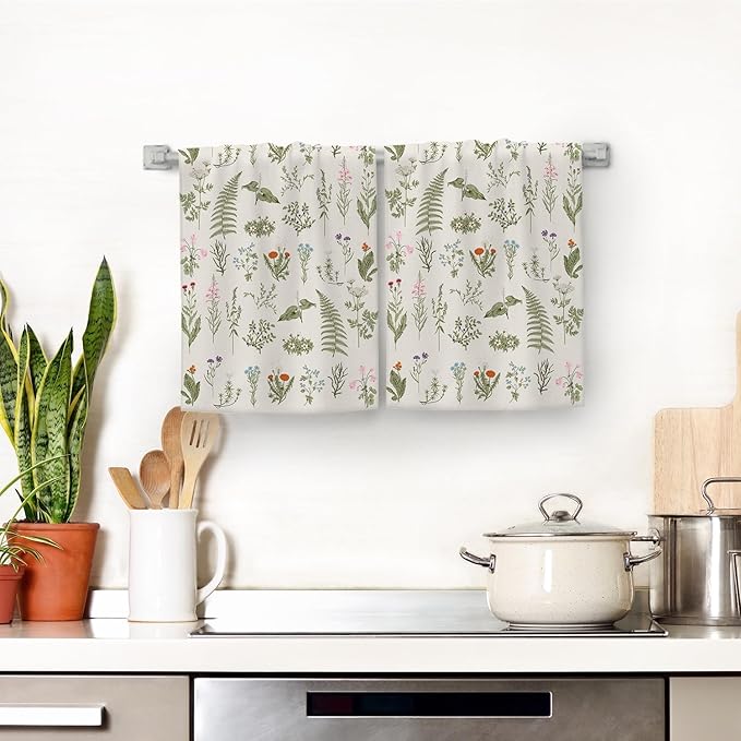 Vintage Floral Kitchen Towels Decorative Set of 2 Sage Green Herbs and Wildflowers Dish Towels Cute Botanic Absorbent Hand & Tea Towel for Kitchen Farmhouse Spring Summer Decor 16"x24"