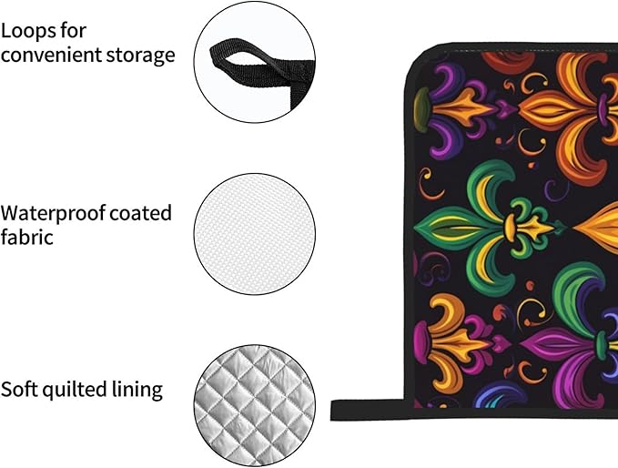 Colorful Fleur De Lis Oven Mitts and Pot Holders Sets Mardi Gras Kitchen Oven Gloves Heat Resistant 500 Degrees Oven Mitt and Hot Pad for Cooking BBQ Baking Grilling
