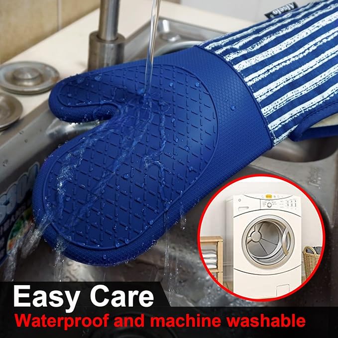 Alselo Silicone Oven Mitts Heat Resistant 932℉ with Waterproof & Non-Slip Kitchen Mittens, Set of 2 Extra Long Oven Gloves with Soft Cotton Terry Lining for Baking Cooking Barbecue (Cobait Blue, 2)