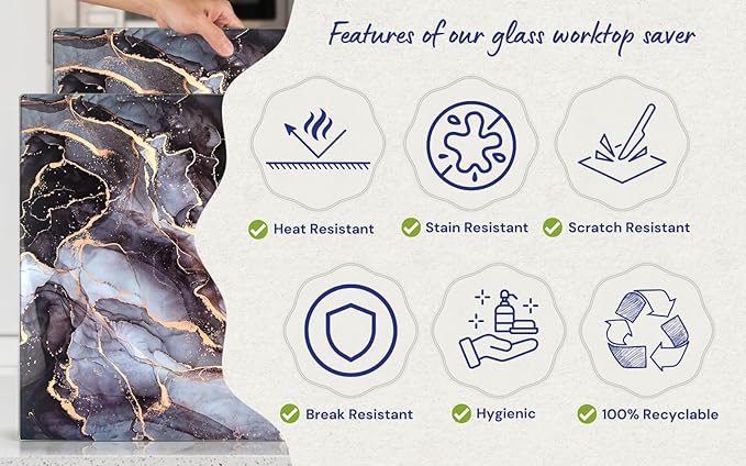 Kitchenville Glass Cutting Board 16"x12": Tempered Glass Kitchen Counter Protector - Durable- Scratch-Resistant, Heat-Proof - Design 8 - Grey & Gold